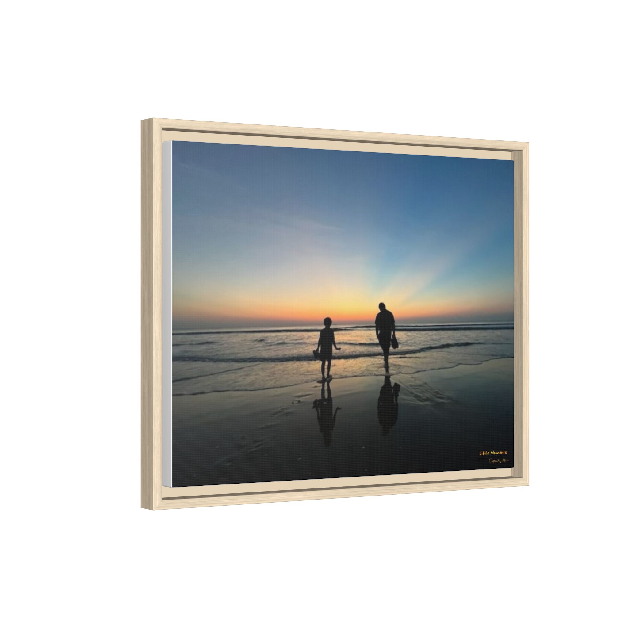 Father and Child Beach Sunset Framed Matte Canvas Print