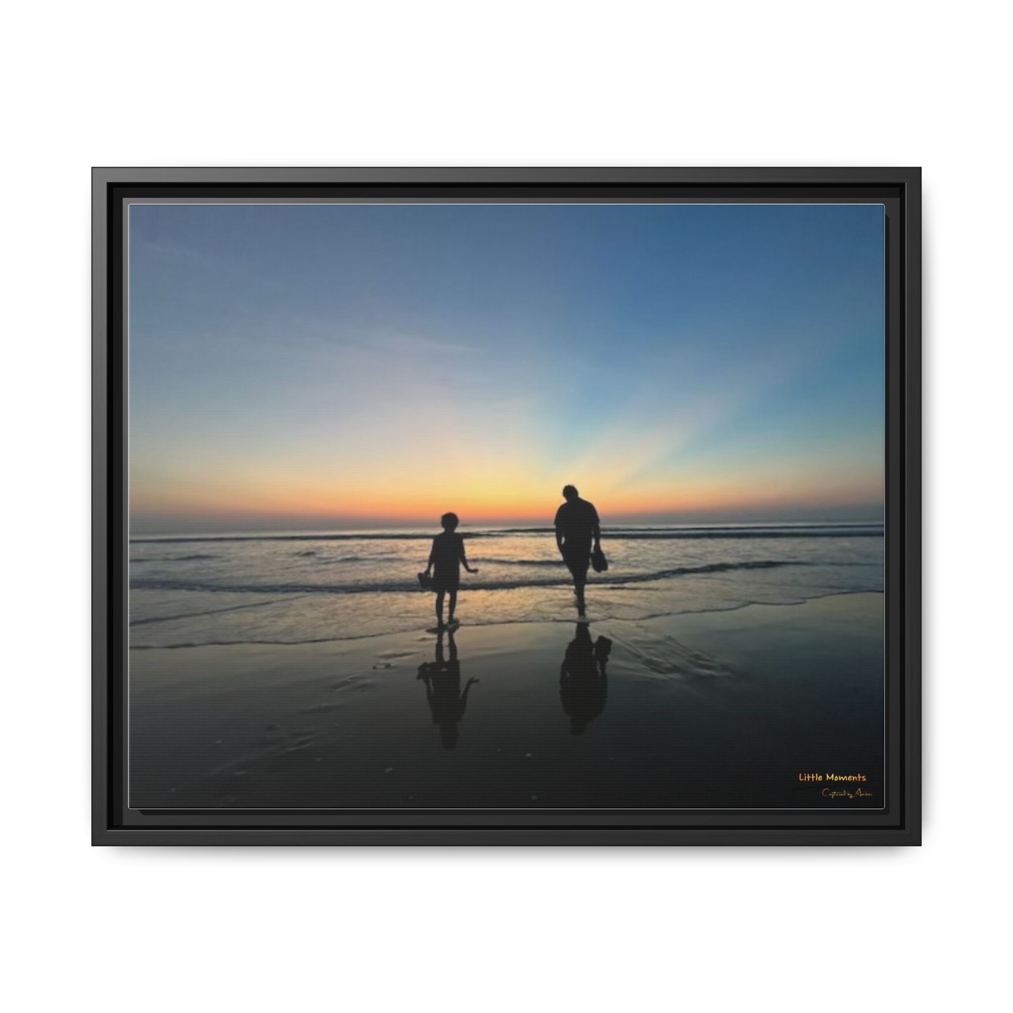 Father and Child Beach Sunset Framed Matte Canvas Print