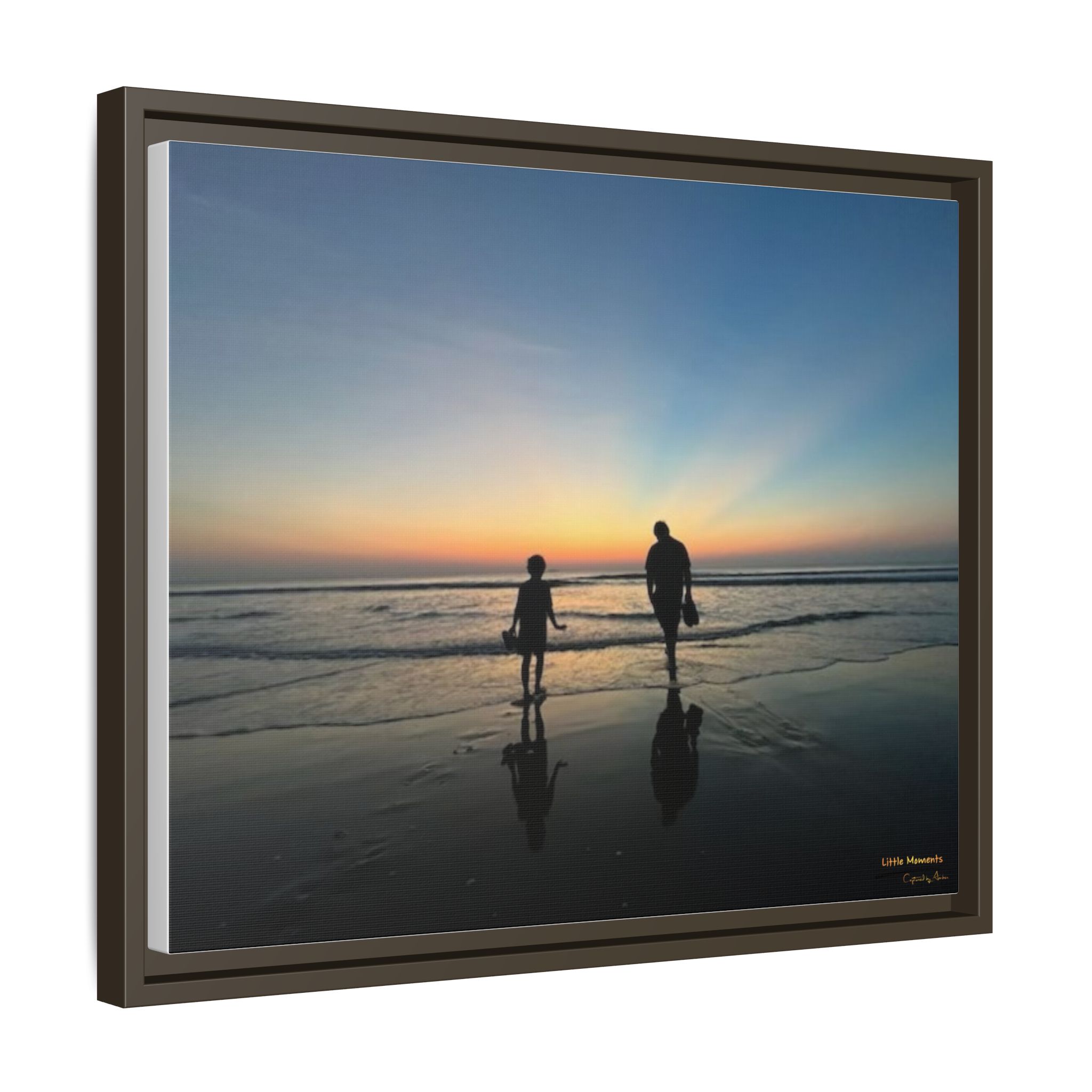 Father and Child Beach Sunset Framed Matte Canvas Print