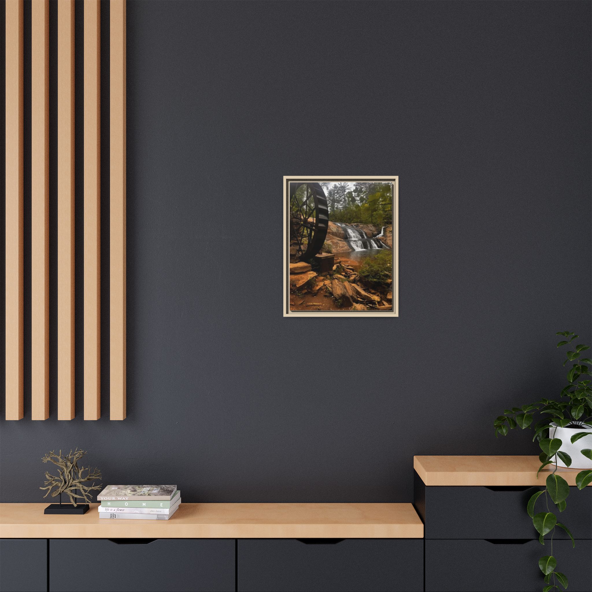 Waterwheel Waterfall Framed Canvas Print – Rustic Nature Wall Art