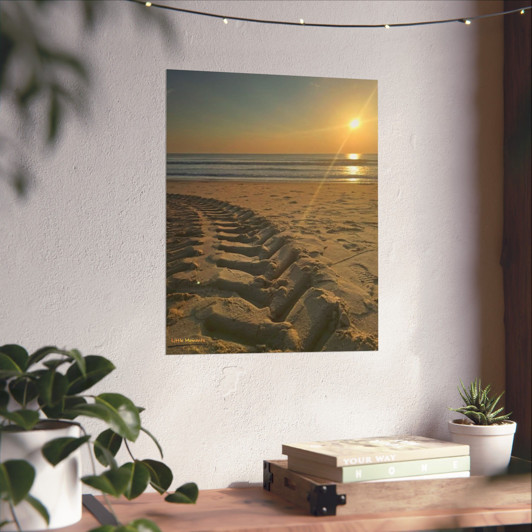 Sunset Beach Tire Track Poster — Matte Vertical Coastal Wall Art