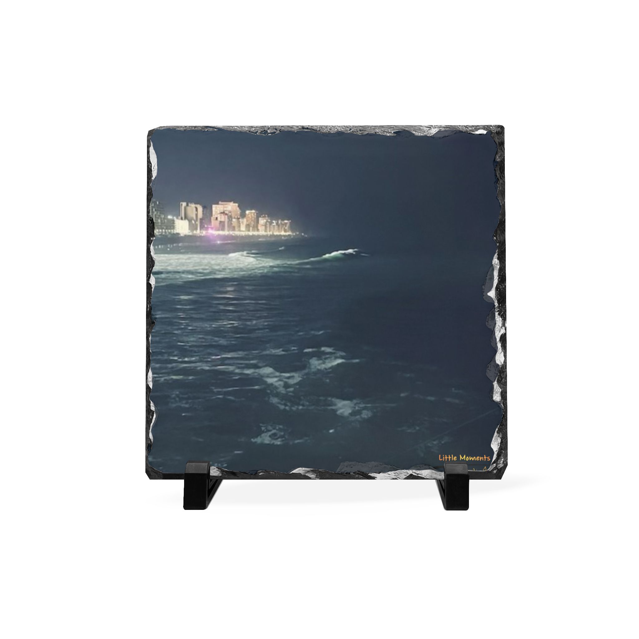 City Lights at Night Slate Desk Plaque — Coastal City Seascape Decor