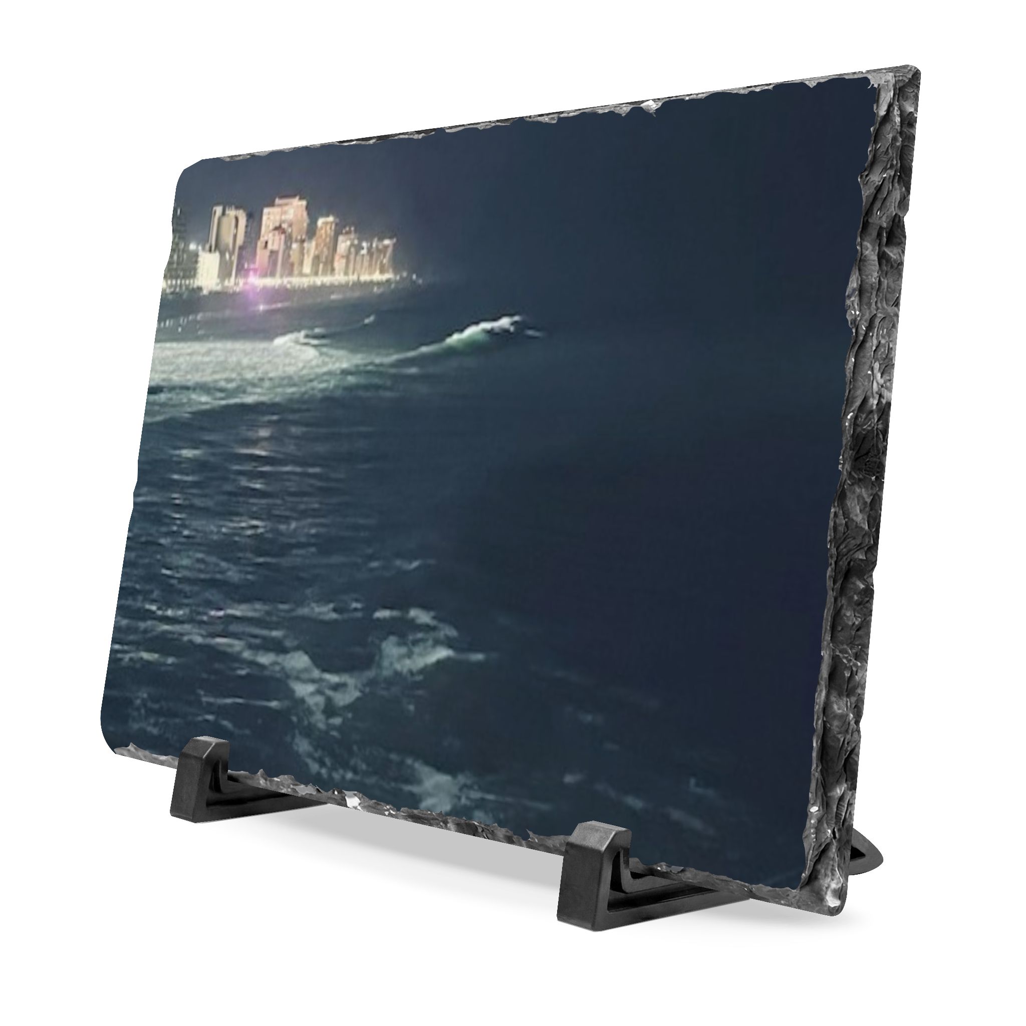 City Lights at Night Slate Desk Plaque — Coastal City Seascape Decor