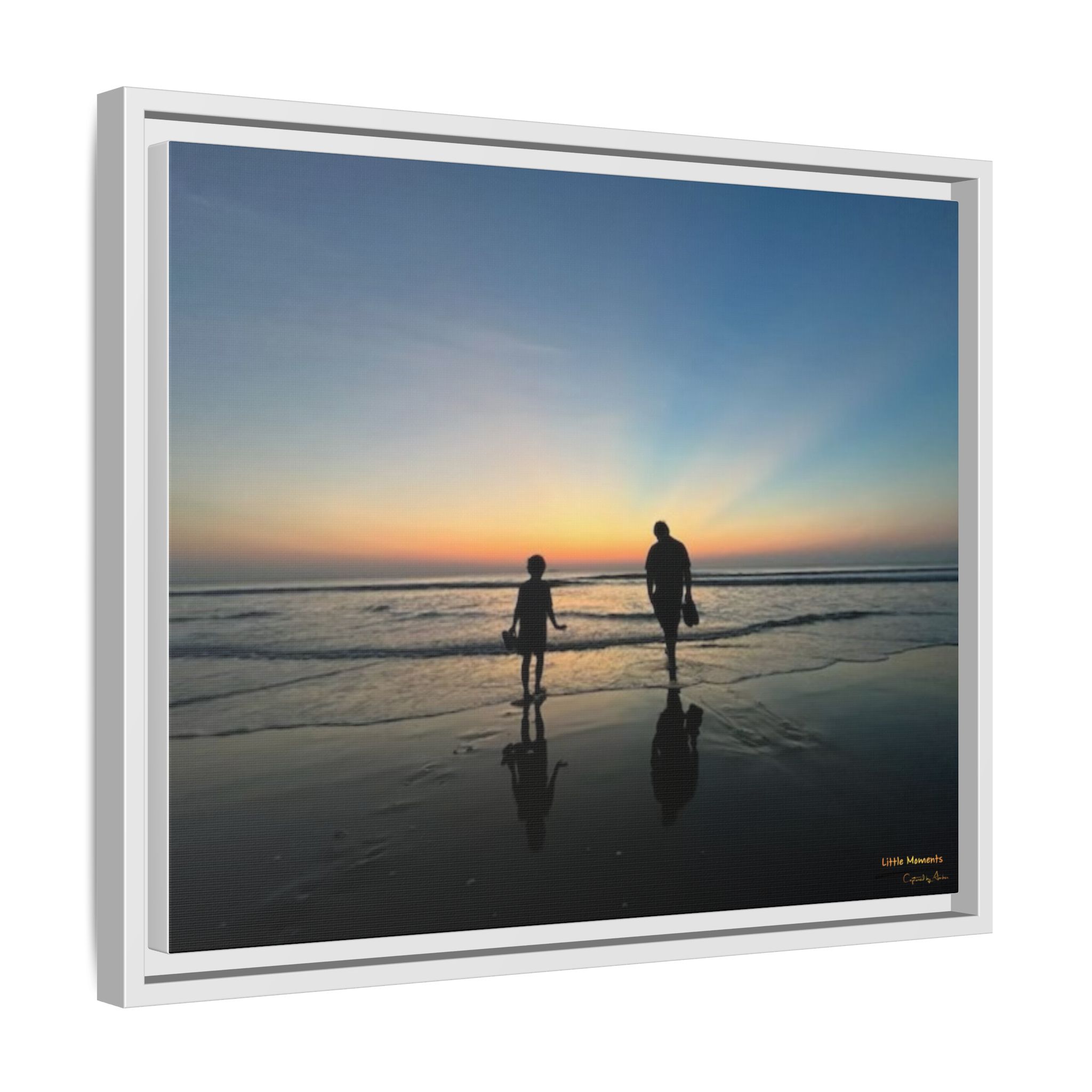 Father and Child Beach Sunset Framed Matte Canvas Print