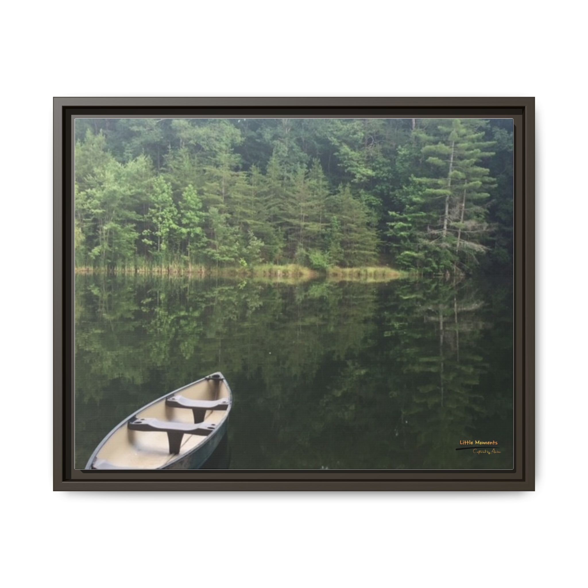 Canoe at Dawn Matte Canvas Print — Serene Forest Reflection Wall Art