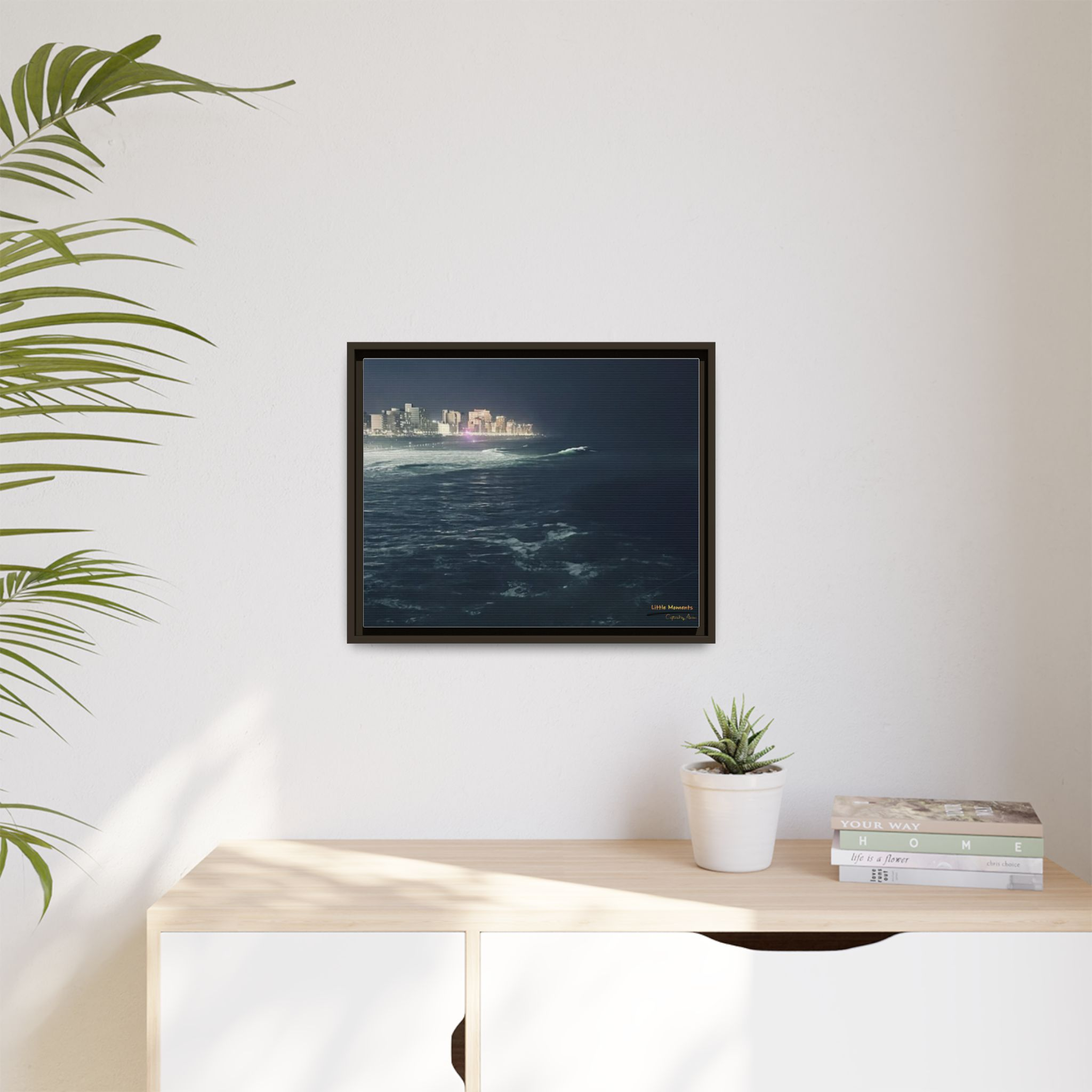 City Lights at Night Ocean Waves 2 Matte Framed Canvas — City Lights Over Ocean Wall Art