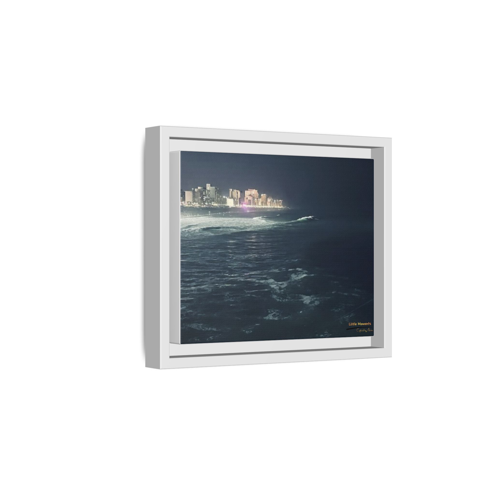 City Lights at Night Ocean Waves 2 Matte Framed Canvas — City Lights Over Ocean Wall Art