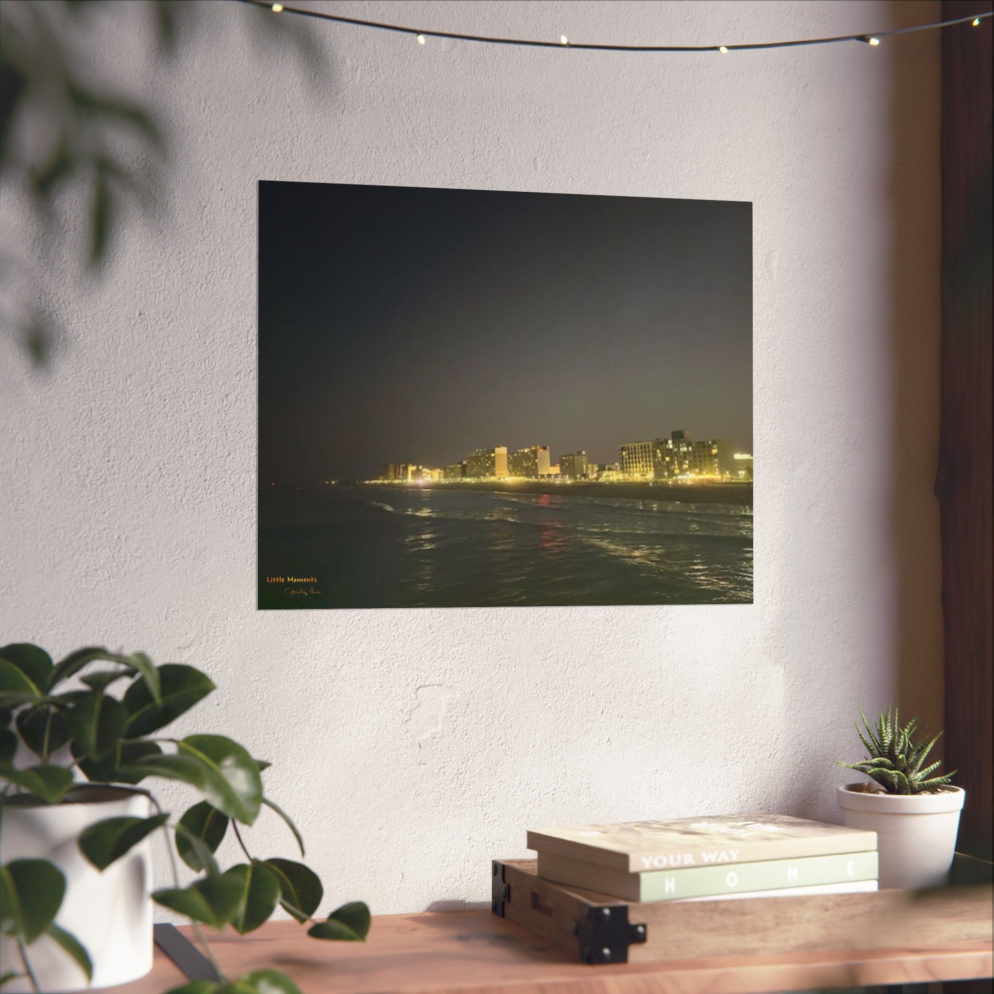 City Lights at Night Series2 Matte Horizontal Poster — Oceanfront Night Skyline Print (‘Lifeguard Memories’ Text)