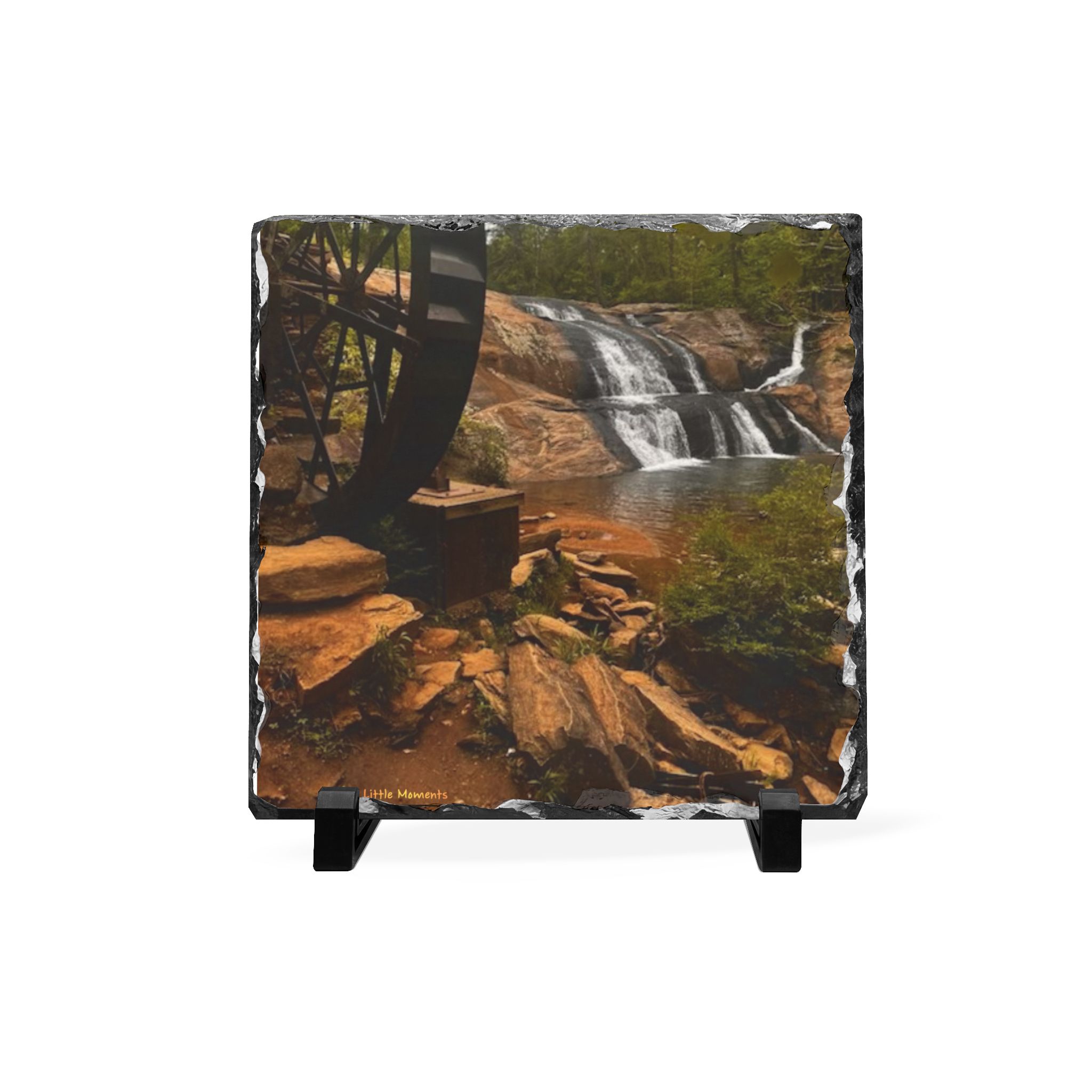 Waterwheel Waterfall Slate Desk Plaque – Scenic Waterfall Photograph Tabletop Decor