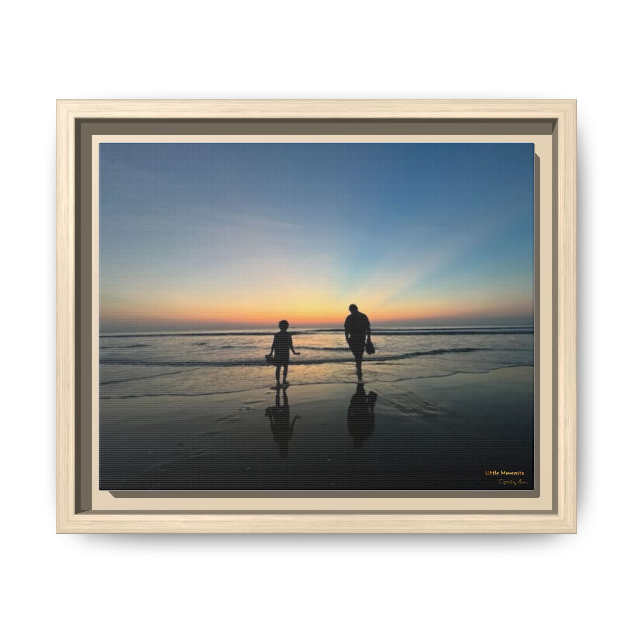 Father and Child Beach Sunset Framed Matte Canvas Print