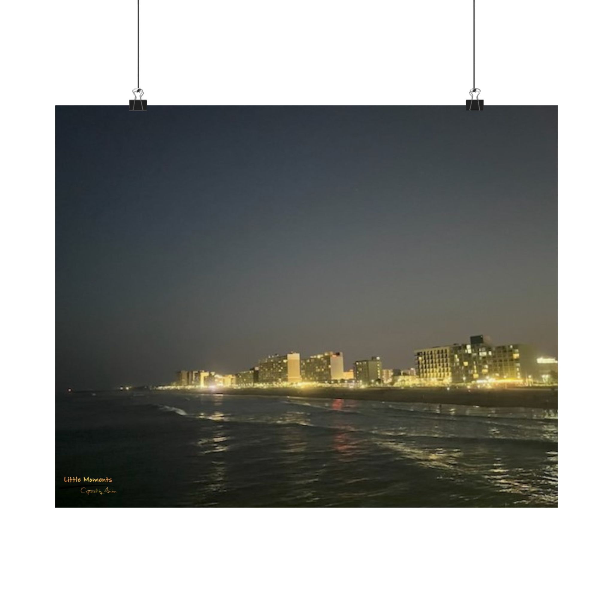 City Lights at Night Series2 Matte Horizontal Poster — Oceanfront Night Skyline Print (‘Lifeguard Memories’ Text)