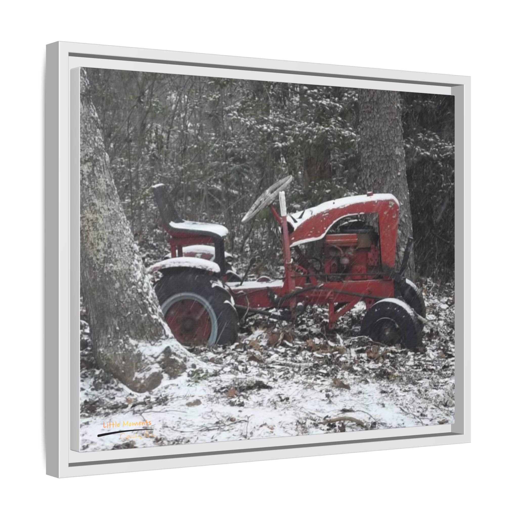 9791379672857078096_2048.jpeg Vintage Red Tractor in Snow — Framed Matte Canvas Wall Art