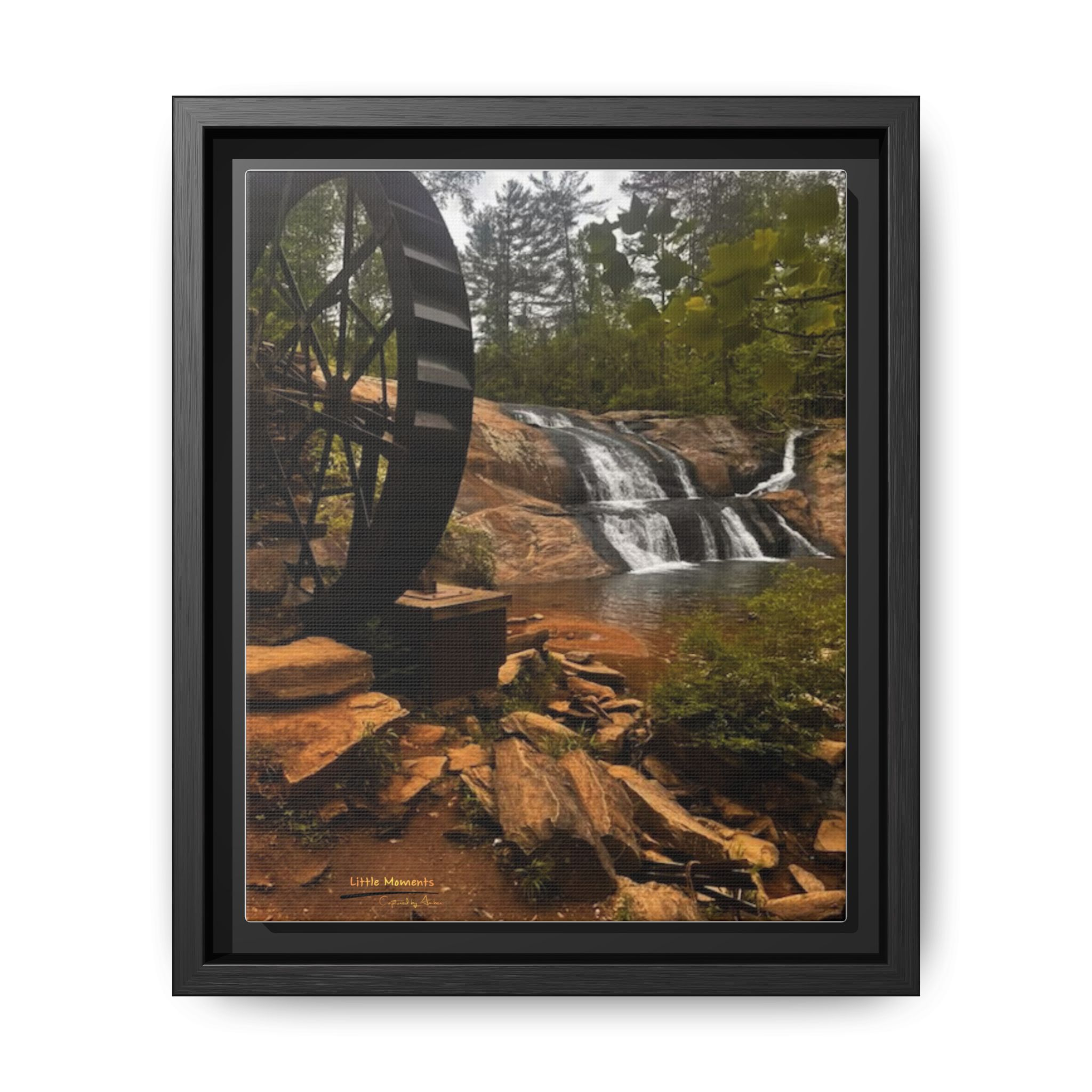 Waterwheel Waterfall Framed Canvas Print – Rustic Nature Wall Art