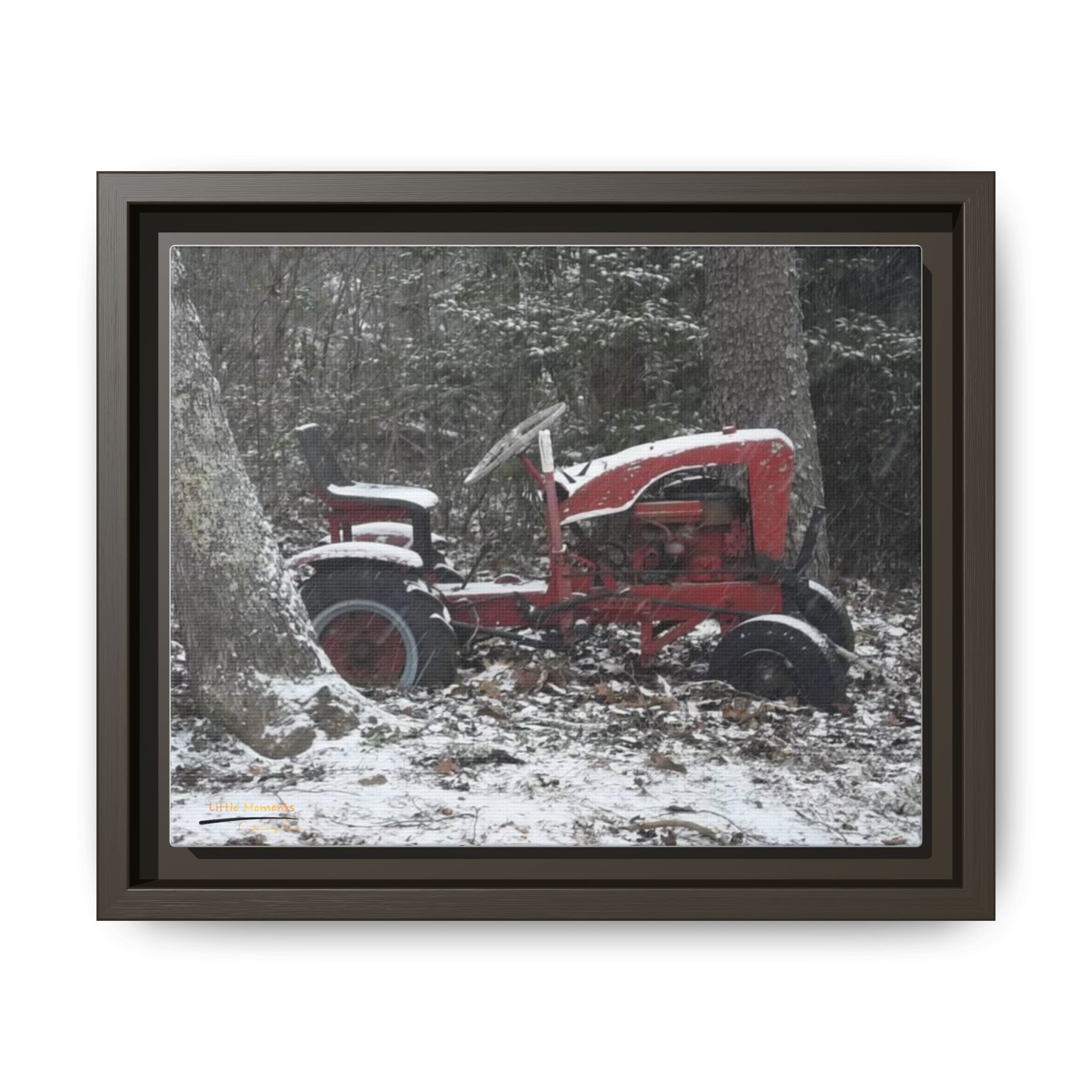 9916914426521017670_2048.jpeg Vintage Red Tractor in Snow — Framed Matte Canvas Wall Art